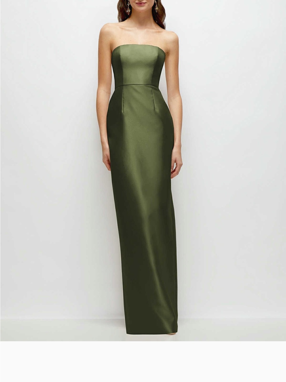 ALFRED SUNG Jacqueline Strapless Olive Green Satin Column Gown NWT